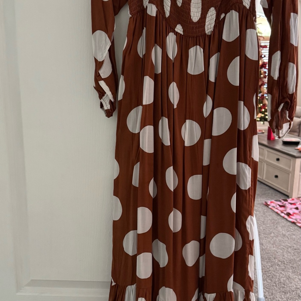 Pink Lily Brown Maxi Dress with White Polka Dots - Picture 2 of 2
